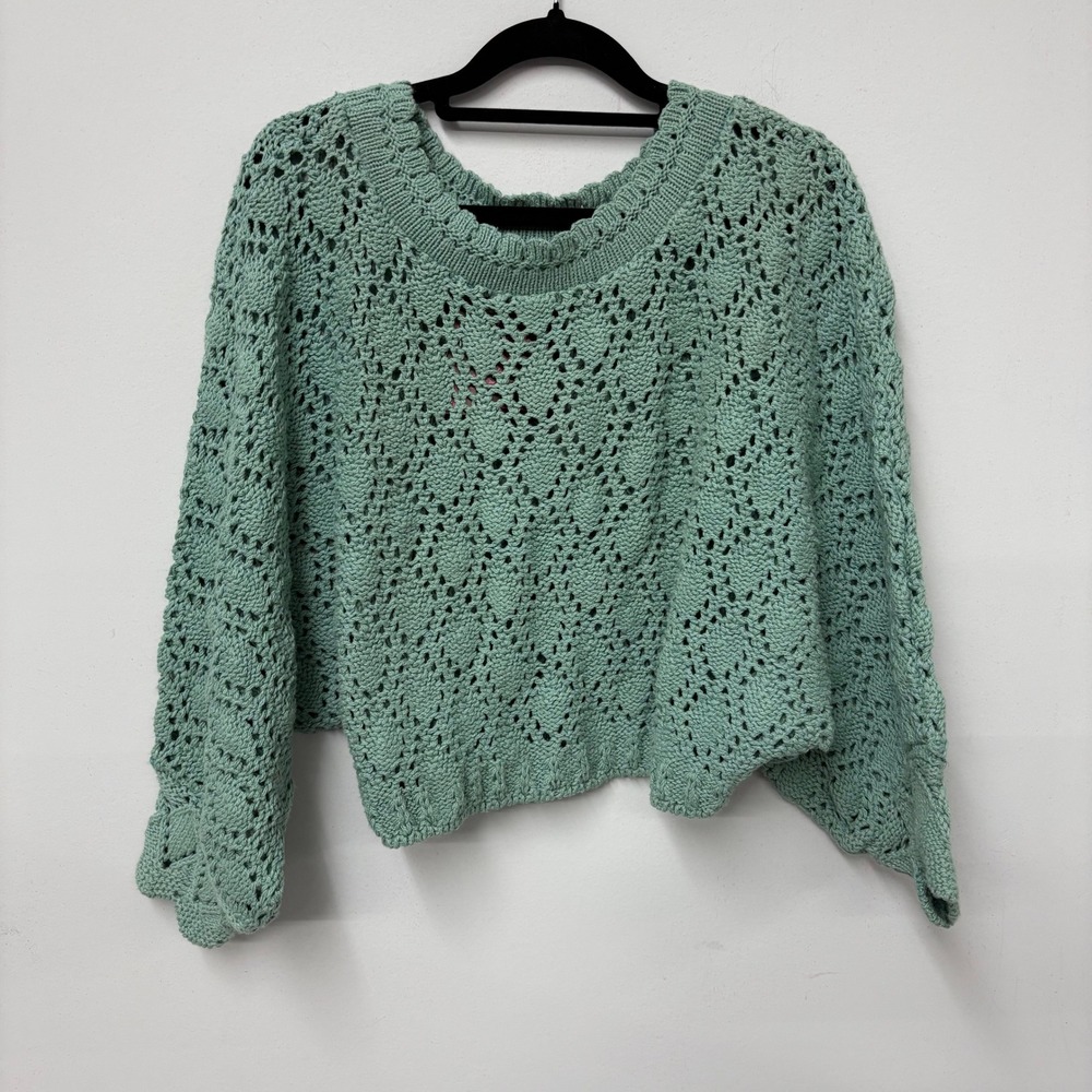NWT Turtle Bay Women Seafoam Green 100% Cotton‎ Open Knit Cropped Sweater USA